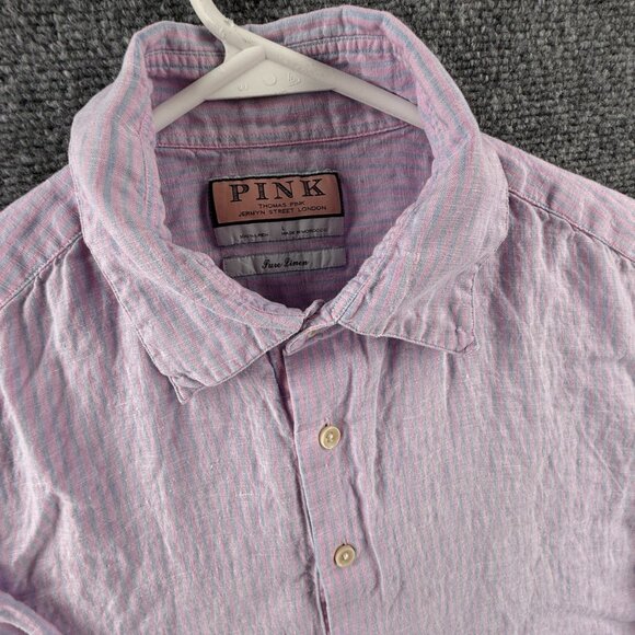 Thomas Pink Large Short Sleeve Striped Linen Pink Button Up Shirt Mens Spread - Picture 7 of 10